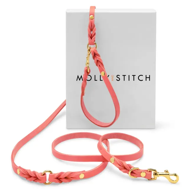 molly-and-stitch-butter-leather-3x-verstellbare-hundeleine-coral-pink-200-cm image 1